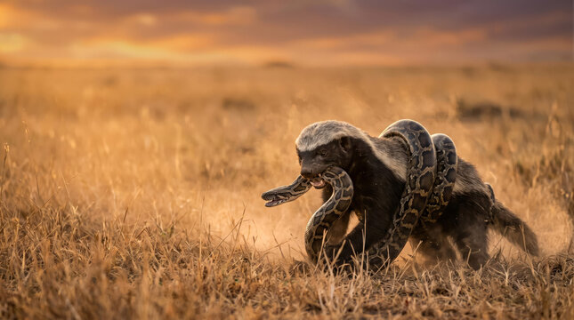 Honey badger fighting an African rock python in dry savannah grass, predator vs prey battle, sunset background with copy space
