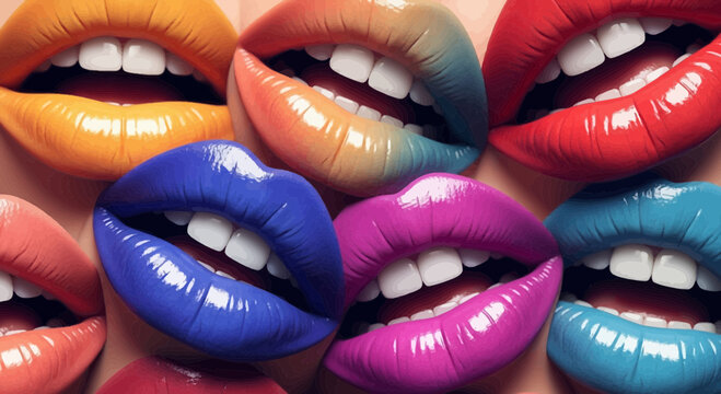 Dynamic display of diverse lips painted in a spectrum of bold, glossy hues, open to reveal bright teeth, illustrating the art of vibrant makeup and personal expression