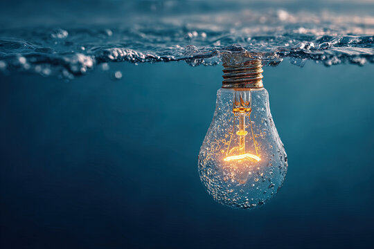 A lit incandescent light bulb submerged in water, creating a striking concept of innovation, energy, and inspiration with clear blue tones.