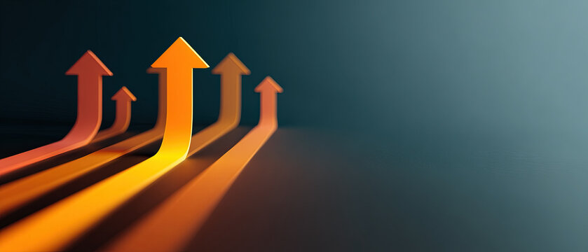 Three glowing orange arrows pointing upward, casting long shadows on a dark gradient background, symbolizing growth, progress, and business success.