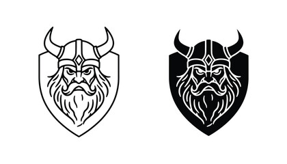 Viking warrior head wearing horned helmet on shield crest in vector line art and solid black silhouette style © Serene