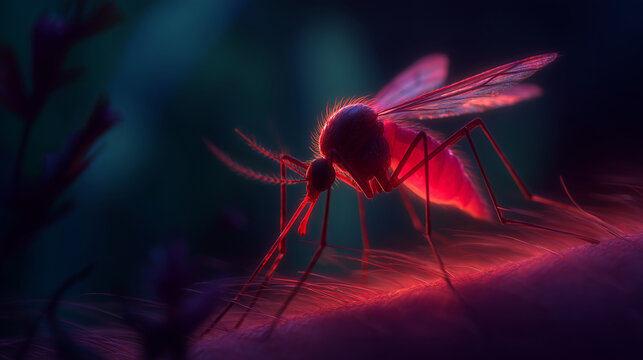 Ultra macro mosquito feeding on human skin with glowing red abdomen for disease transmission concepts, medical research and dangerous insect infestation themes