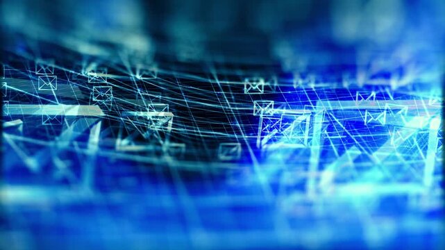 Electronic grid with email symbol blue neon background