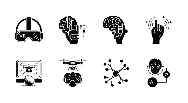 Futuristic technology icon set, 8 black glyph icons for virtual reality and artificial intelligence, brain computer interface and drone control vector graphics