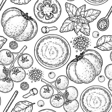 Hand drawn ketchup sauce seamless pattern vector in engraving sketch style. Detailed background for sauce packaging, condiment labels, food branding, menus and culinary design. Vector drawing