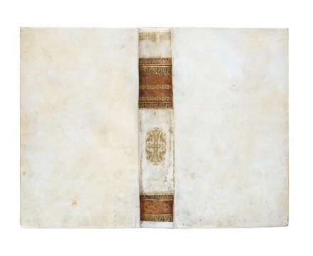 Antique vellum book cover from the early 19th century isolated on white background. Elegant historic binding with white parchment boards, decorative gilt ornaments 
