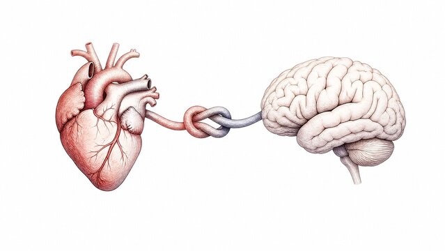 interconnection. Minimalist illustration of a heart and brain connected by a knot, symbolizing unity and thought. wellbeing guides.