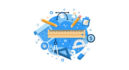 Obraz premium Flat Illustration of Graphic Design Tools, Architectural Instruments, and Creative Workspace Concept on White Background