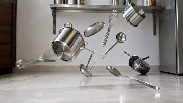 clatter. Stainless steel kitchen utensils falling with metallic reflections and motion trails. menu design, packaging mockups, designed for food delivery and cloud-kitchen brand materials.