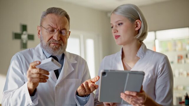 Confused doctors discussing medicine pills doing inventory at pharmacy closeup