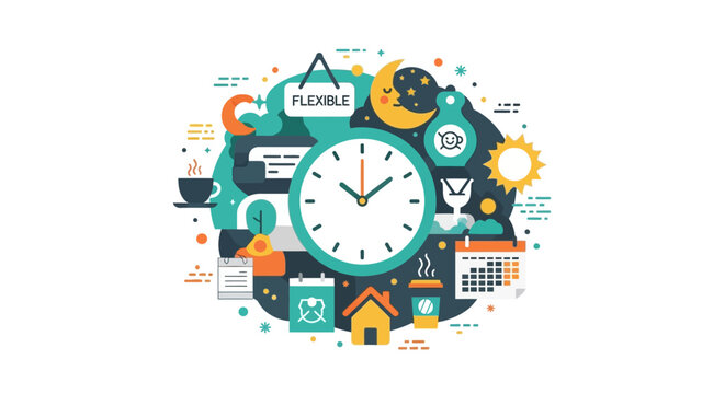 Flexible Working Hours and Time Management Concept Illustration with Clock, Sun, Moon, and Calendar Icons