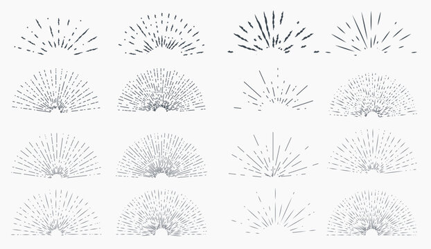 Big Set of vintage hand drawn sunburst rays design elements, halves, explosion, fireworks, black rays illustration