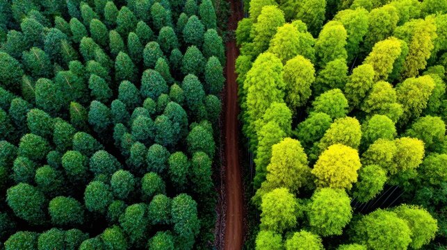 Aerial view of a forest with vibrant green and yellow trees.
