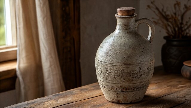 flagon. A rustic ceramic flagon with relief patterns and a wooden stopper in soft light. bar promotions, beverage menus, designed for product packaging and bar promotions, enhances appetite appeal.