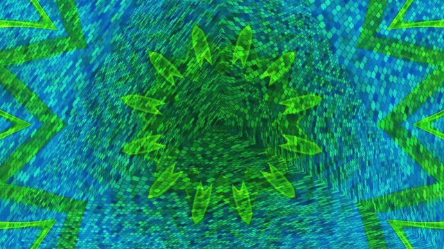 Abstract green and blue tunnel animation with psychedelic geometric patterns and hypnotic motion effects. Ideal for futuristic visuals and motion graphics projects.