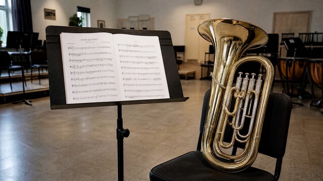 euphonium. Open music score on a stand with a euphonium beside it in a rehearsal room. lifestyle magazines, social media lookbooks, designed for influencer and brand collaborations.