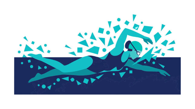 Female swimmer in freestyle stroke with abstract geometric shapes and water splashes symbolizing speed and competition in 2026 trend sport championship tournament