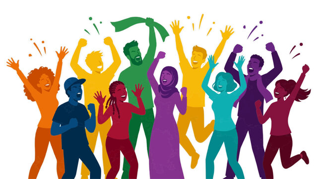 Diverse group of people celebrating success and victory in 2026 sport championship tournament with colorful confetti and joyful expressions