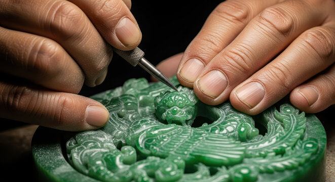 Jade Carving A Craftsmans Hands at Work.