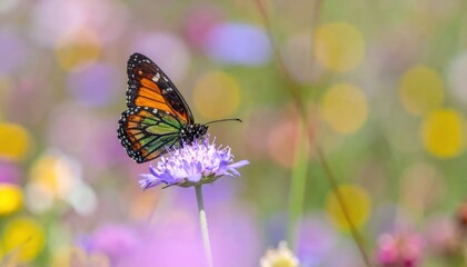 Naklejka premium Close-up of a Monarch Butterfly resting on a delicate purple wildflower in a sun-drenched meadow.