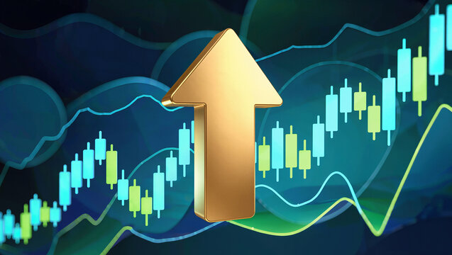 3D golden arrow in the center of image grow up , trading graphic is background , green and blue color tone.