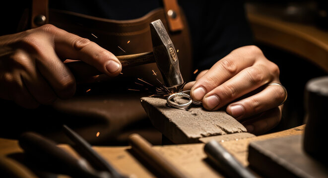 Jeweler meticulously crafting a ring with precision tools and focused expertise.