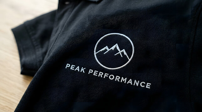 White embroidered mountain logo with Peak Performance text on black polo shirt mockup