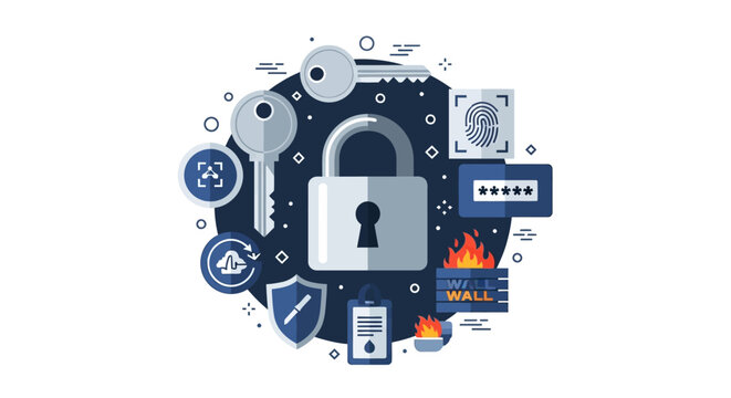 Cybersecurity and Data Protection Flat Vector Illustration Featuring Padlock, Biometric Scan, Password, Firewall, and Shield Icons for Network Security and Information Privacy