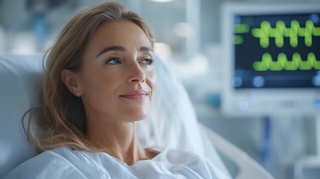 Recovering Patient in Hospital Room: A woman with a hopeful expression rests in a hospital bed, with medical equipment and a monitor displaying vital signs in the background.