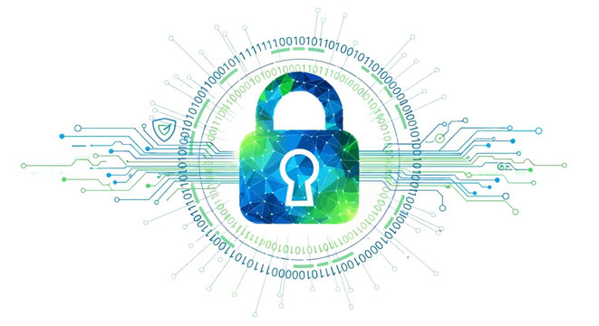 A colorful padlock with a keyhole surrounded by circuit board lines and binary code on a white background.