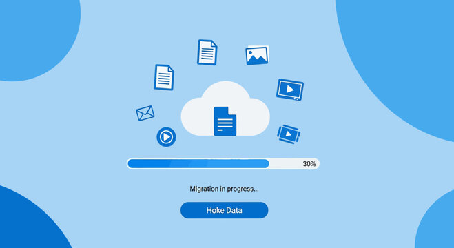 Cloud data migration progress bar with file icons and copy data button