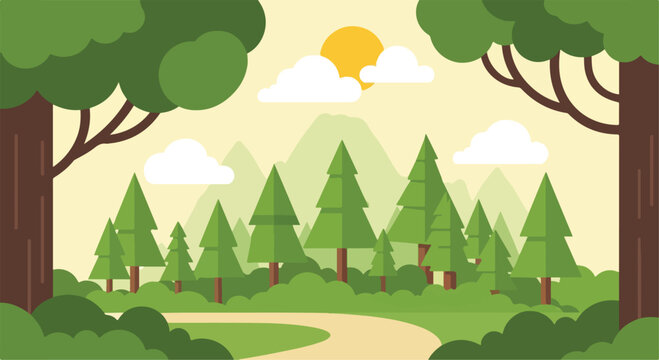 Flat design forest landscape vector, scenic woodland background with pine trees and mountains, sunny nature park illustration for web banners