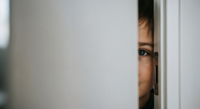 Kid peeking from behind door frame symbolizing curiosity