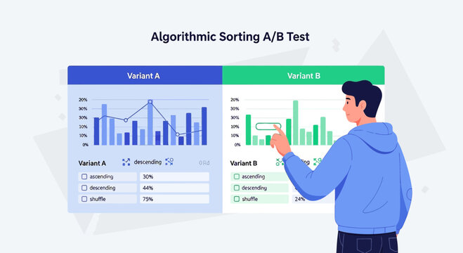A/B Testing Concept: Person Analyzing Algorithmic Data Charts