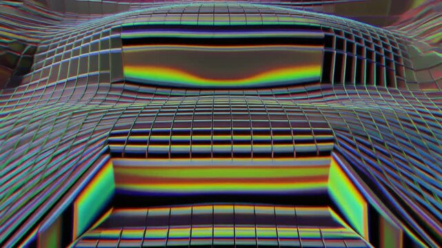 Iridescent metallic grid surface waves in a rhythmic motion pattern creating a mesmerizing hypnotic visual effect for modern digital backgrounds in high quality 4k resolution video