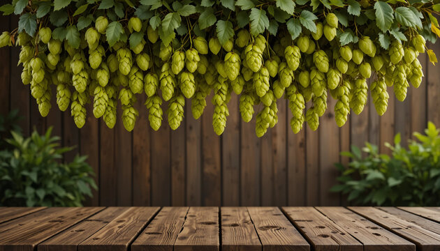 Hops hang over a rustic wooden table at an Oktoberfest festival setting