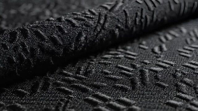 Closeup of a textured black fabric with a repeating geometric pattern.