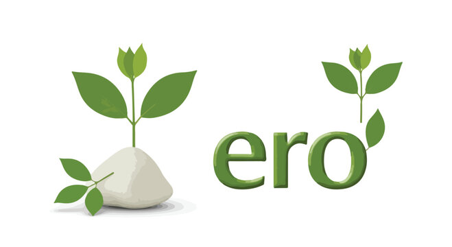 Eco friendly green sprout logo vector, organic plant growing from white stone, environmental sustainability concept with ero text and leaves