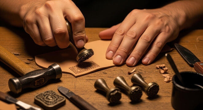 Leatherworker Stamping Leather with Tools in Workshop.