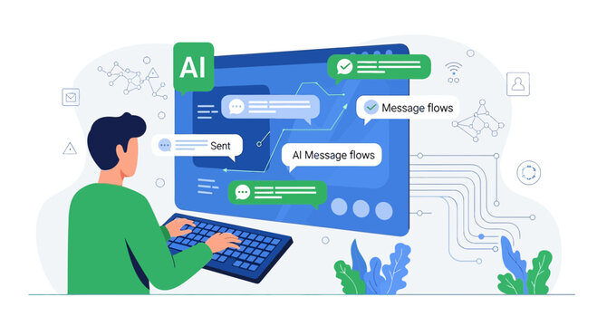 AI Chatbot Interaction, Person Typing on Keyboard, Digital Messaging Interface