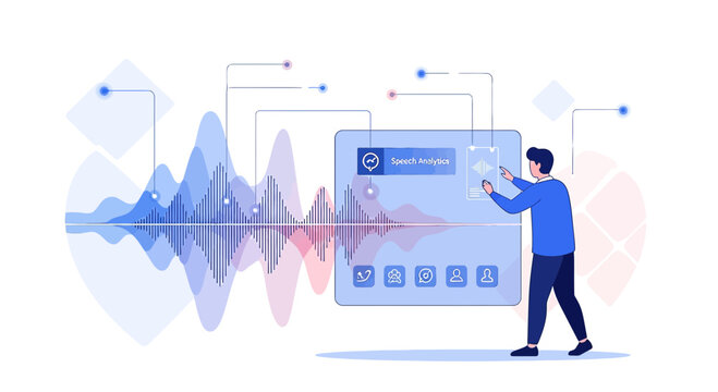 AI chatbot interaction: voice recognition, sound waves, digital interface, person
