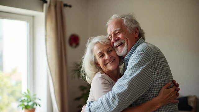 Happy senior couple in love hugging and bonding with true emotions at home.
