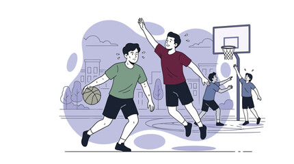Fototapeta premium Men Playing Basketball on Outdoor City Court Vector Illustration