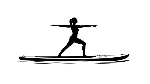 yoga on paddleboard, woman in warrior pose, black silhouette, fitness illustration, SUP exercise