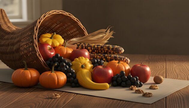 A cornucopia overflowing with fruits and vegetables on a rustic wooden table, representing the abundance of the harvest for a thanksgiving holiday celebration concept