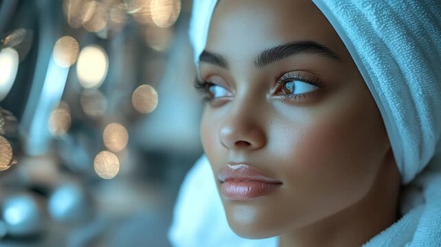 Serene Beauty: A young woman, wrapped in a fluffy white towel and head wrap, gazes thoughtfully into the distance with a soft, confident expression, embodying tranquility and self-care.
