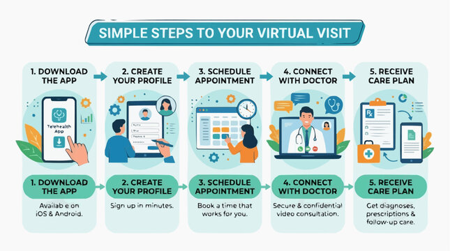 Virtual Healthcare Steps: A user-friendly infographic details five simple steps for a seamless virtual healthcare experience, from downloading the app to receiving a personalized care plan.