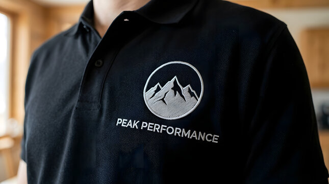 Embroidered Mountain Logo on Black Polo Shirt - Professional Corporate Branding and Peak Performance Concept
