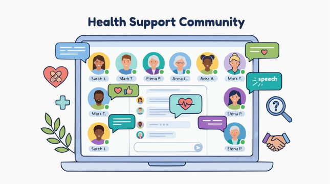 Online Health Support Community: Depicting a digital community fostering wellness, offering a safe space for dialogue and empathy, fostering care and support.