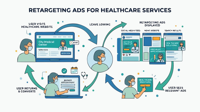 Healthcare Service Advertisement Cycle: Illustration showcasing retargeting ads in healthcare, illustrating a patient's journey from website visit to viewing ads, appointment booking.